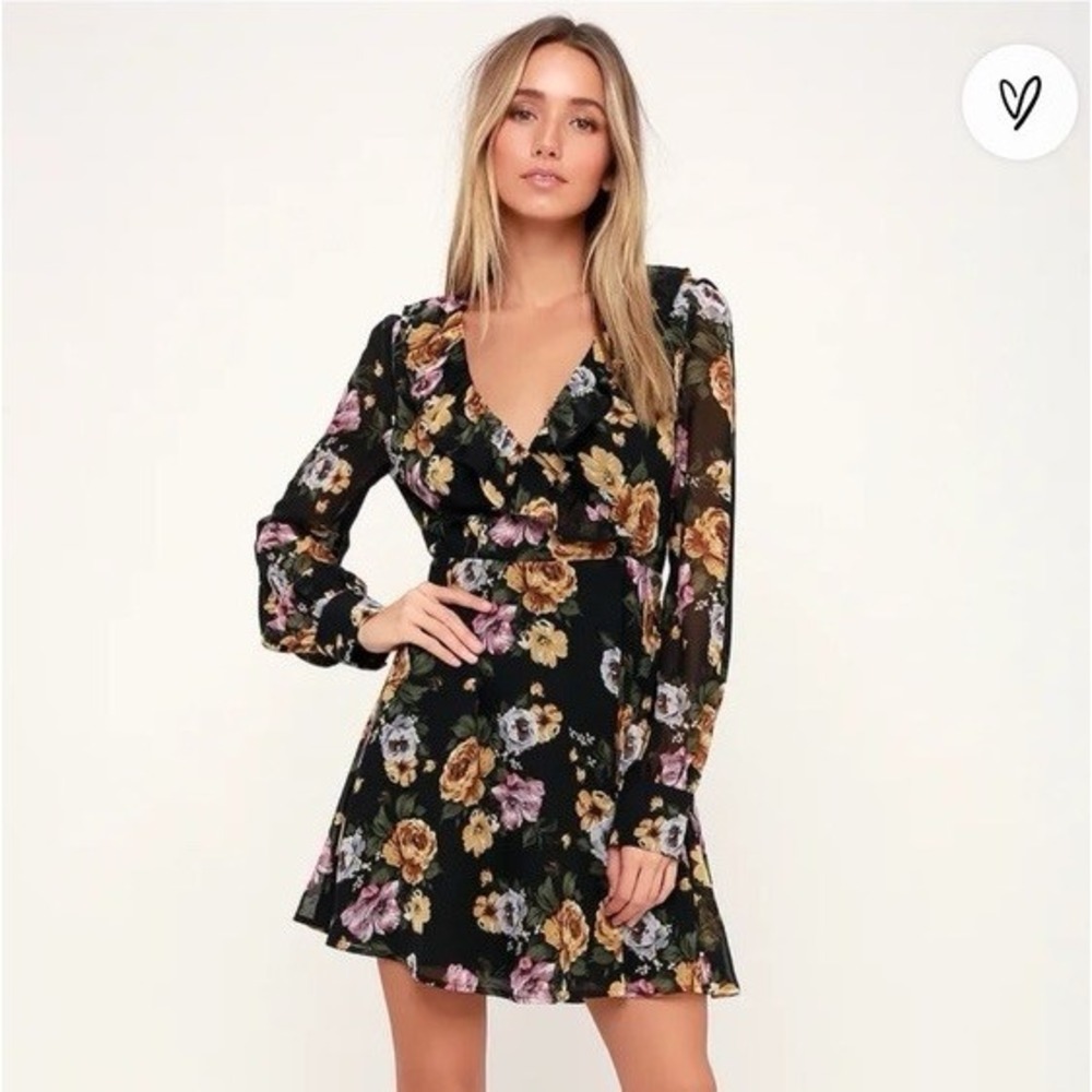 Lulus Love Abound Black Floral Print Long Sleeve Ruffled Mini Dress Sheer Size M